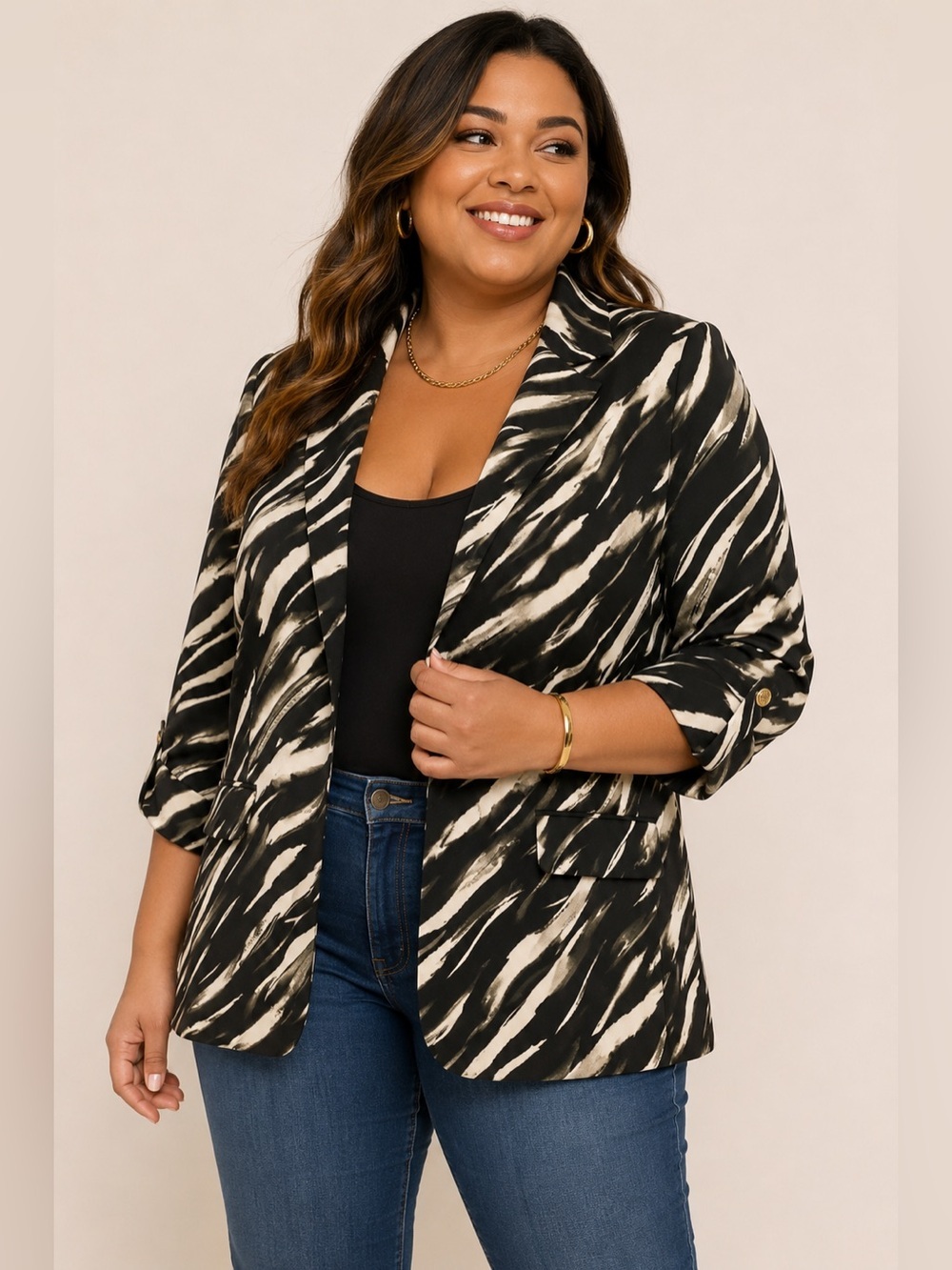 SOHO Apparel Abstract Zebra Print Blazer Jacket Black Ivory Plus Size 1X